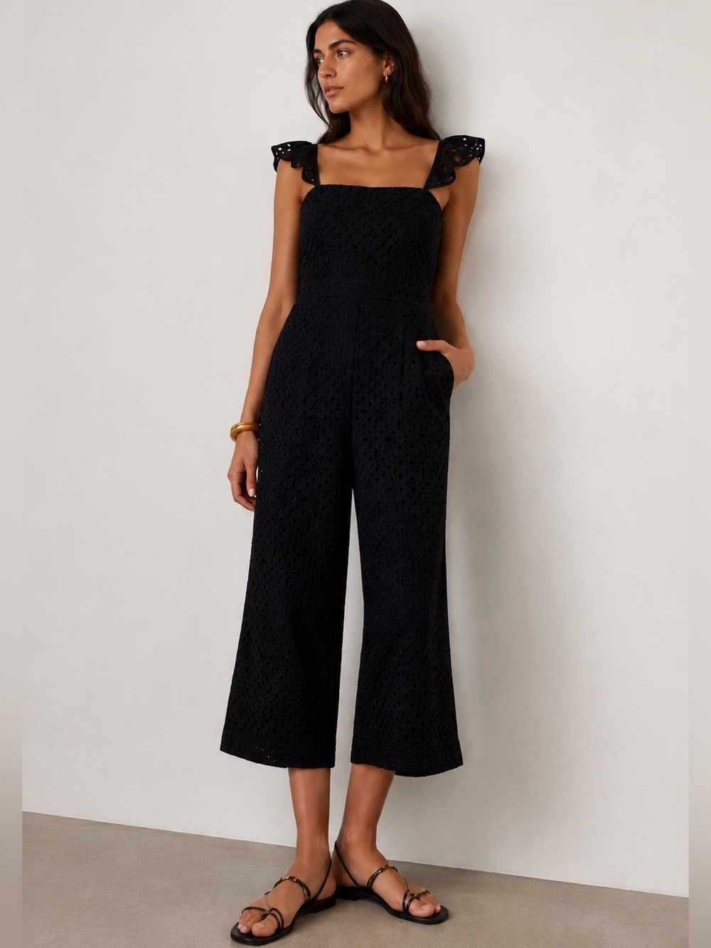 J.Crew Eyelet Lace Jumpsuit Size 0 Black Ruffle Strap Wide Leg Cropped Romper